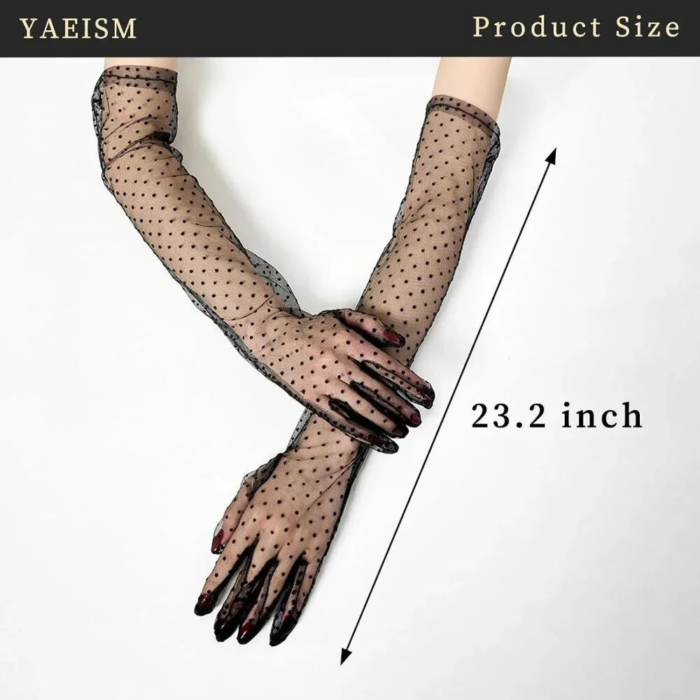 Women's Black Long Tulle Pearl Long Sleeves Gloves Bridal Party Prom Costumes